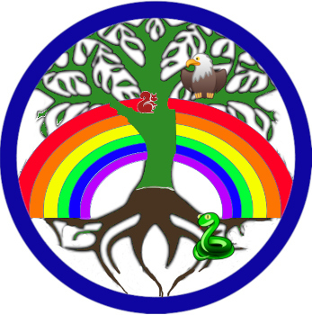 Large tree with branches and roots, possibly Yggdrasil, with a snake at the roots, and an eagle in the branches, and a rainbow in the background.